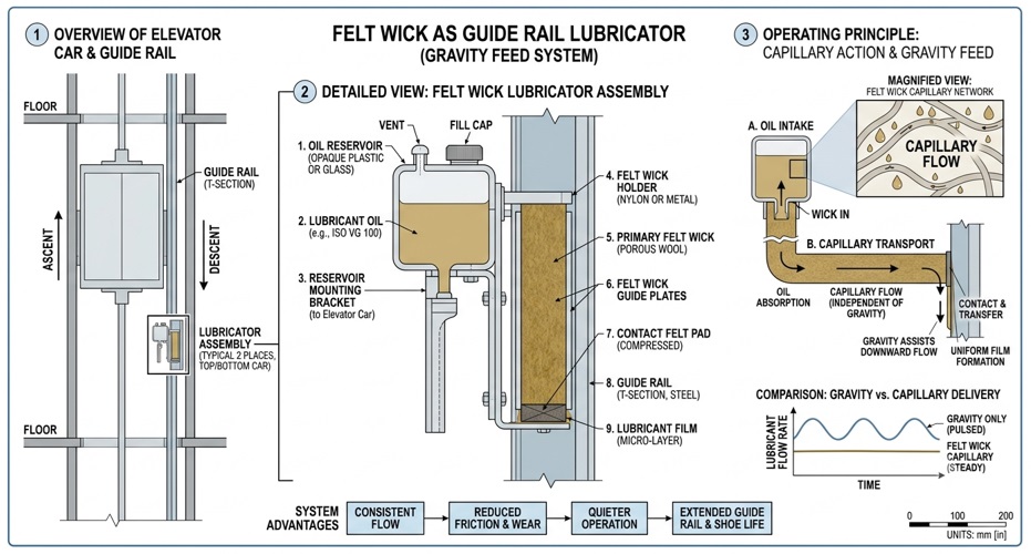 Guide rail lubricator felt wick